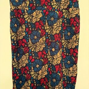 LuLaRoe Black Floral Pencil Skirt with Blue, Red & Mustard Accents